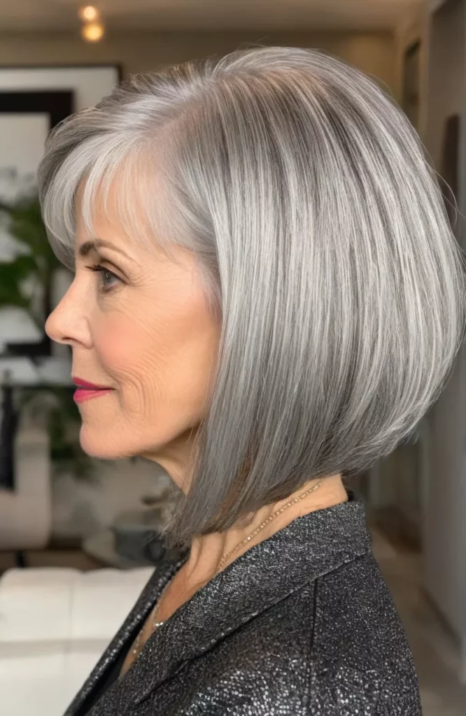 Older woman with a sleek gray bob with a deep side part