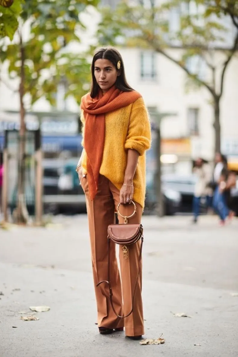 Woman in a mustard coat with autumn layers
