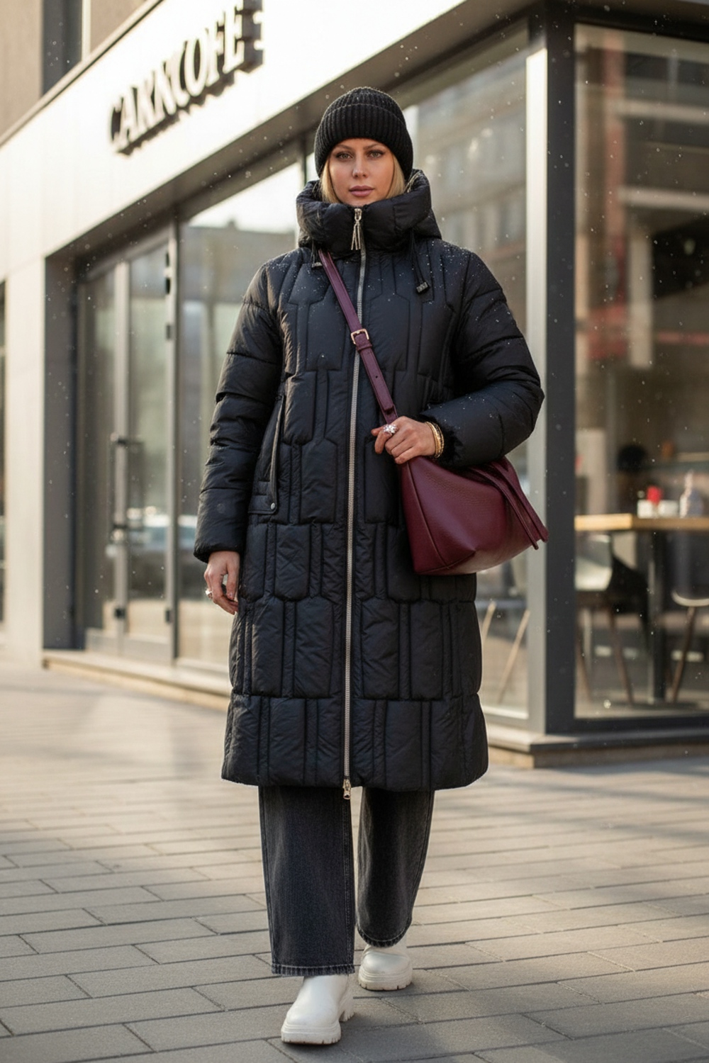 Woman in a long black puffer coat, black beanie, dark jeans and white sneakers in falling snow