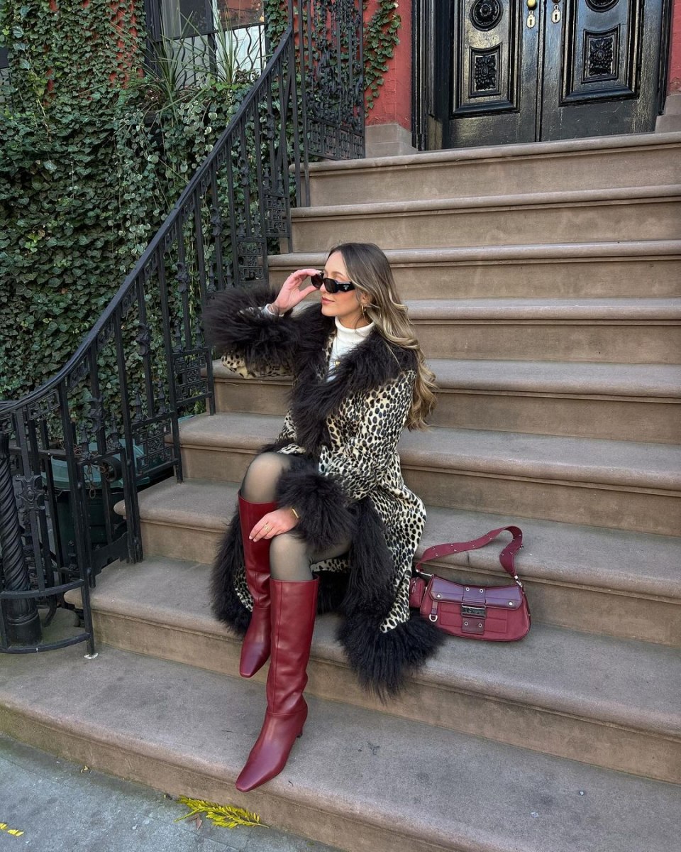 Leopard coat outfit with burgundy boots