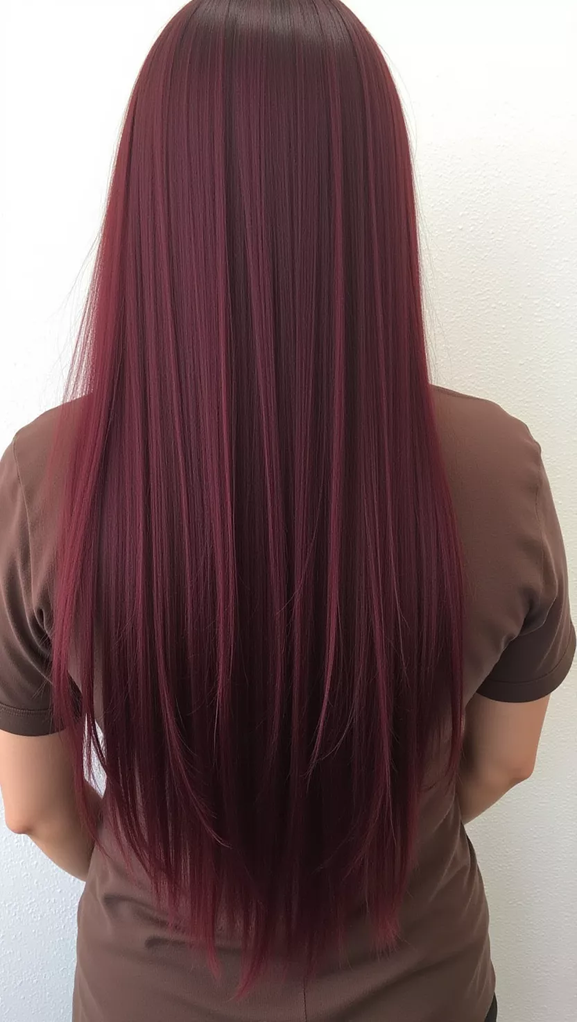 Long sleek straight hair in an oxblood burgundy shade, back view