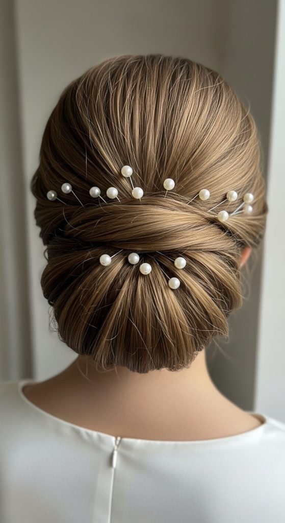 Smooth low bun decorated with scattered pearl hair pins