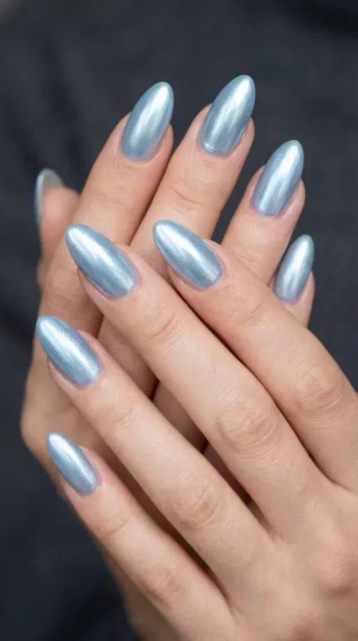 Frosty icy-blue chrome-style nails