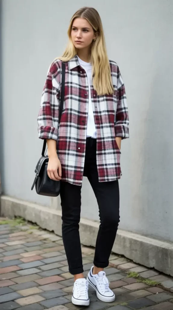 Woman wearing a red plaid flannel shirt with black skinny jeans and white sneakers