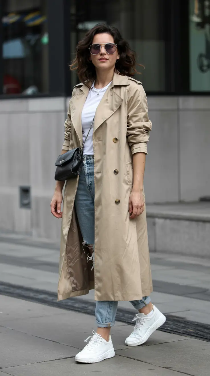 Woman in a beige trench coat, white top, light-wash jeans and white sneakers with a black crossbody bag