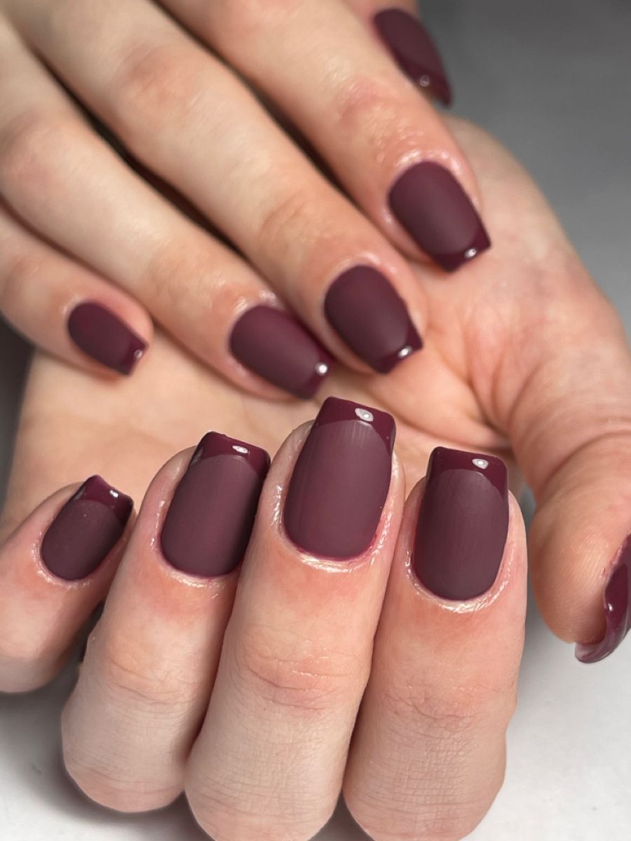Matte dark plum French tips on plum nails