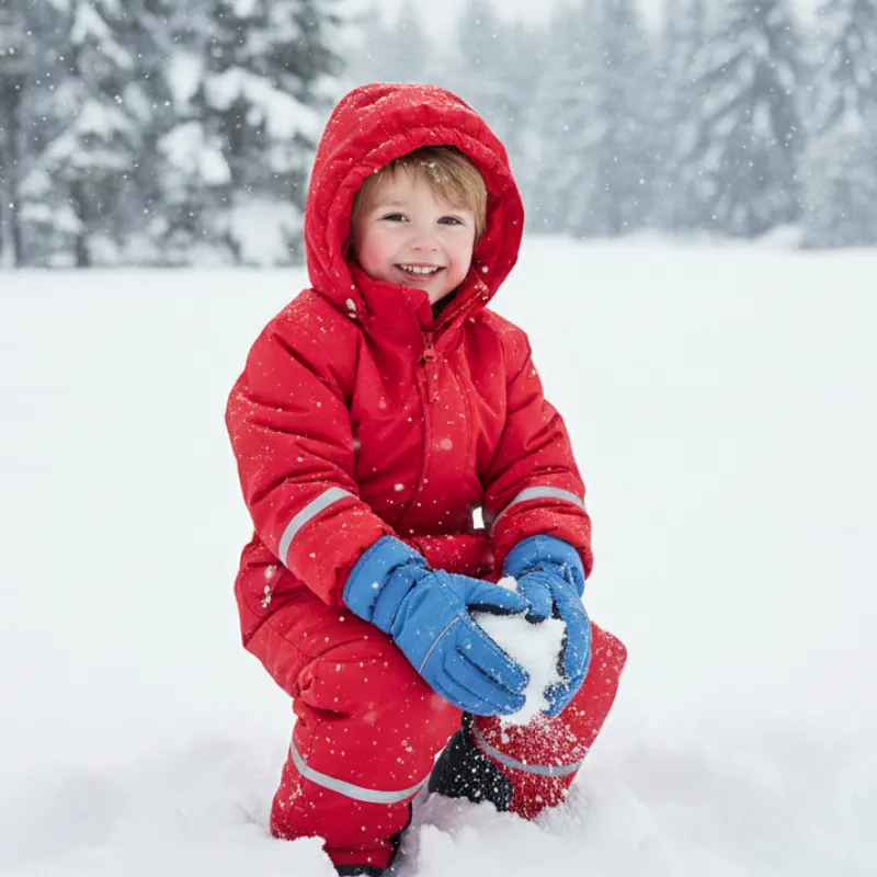 A child playing in the snow wearing a hooded snowsuit