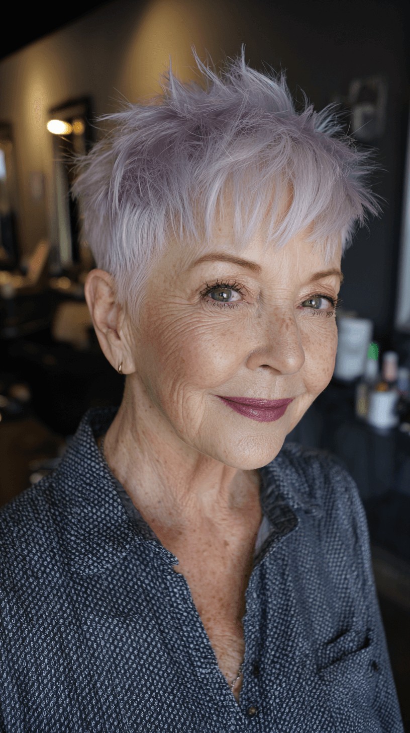 White pixie cut with a light lavender tint