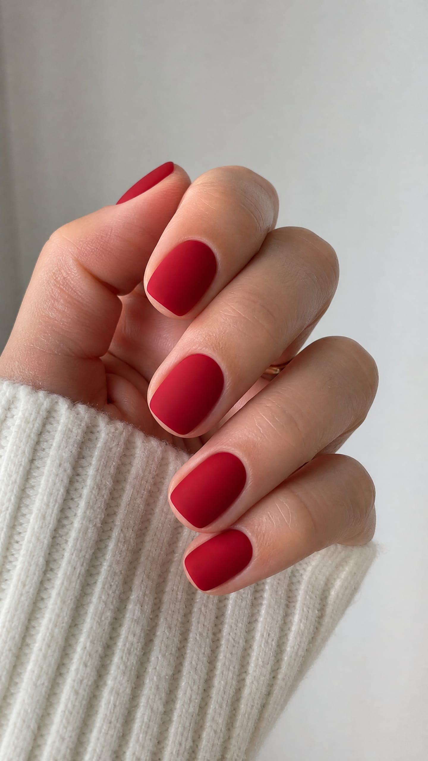 Short square nails in a matte cherry red finish