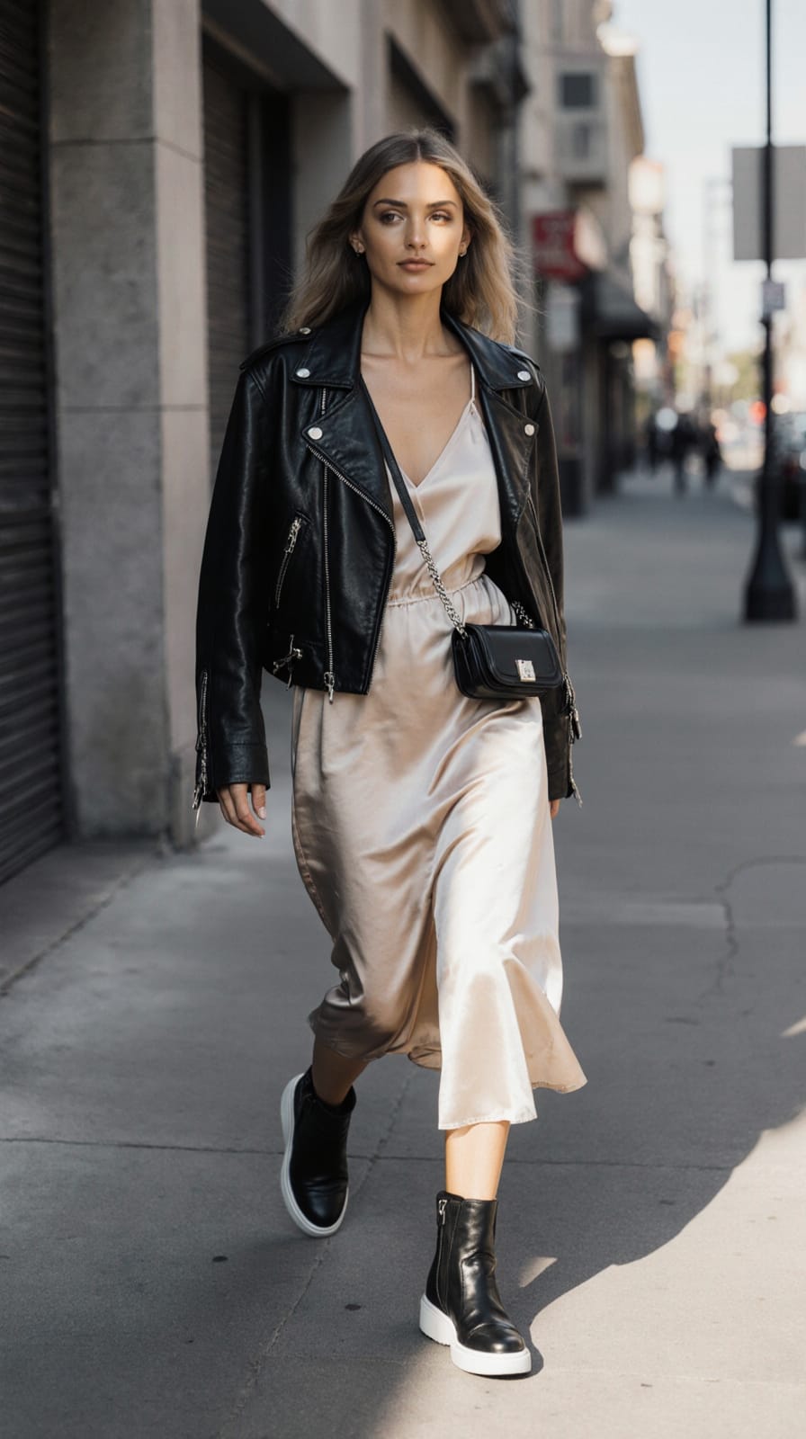 Woman in a champagne satin slip dress, black moto jacket and black platform boots