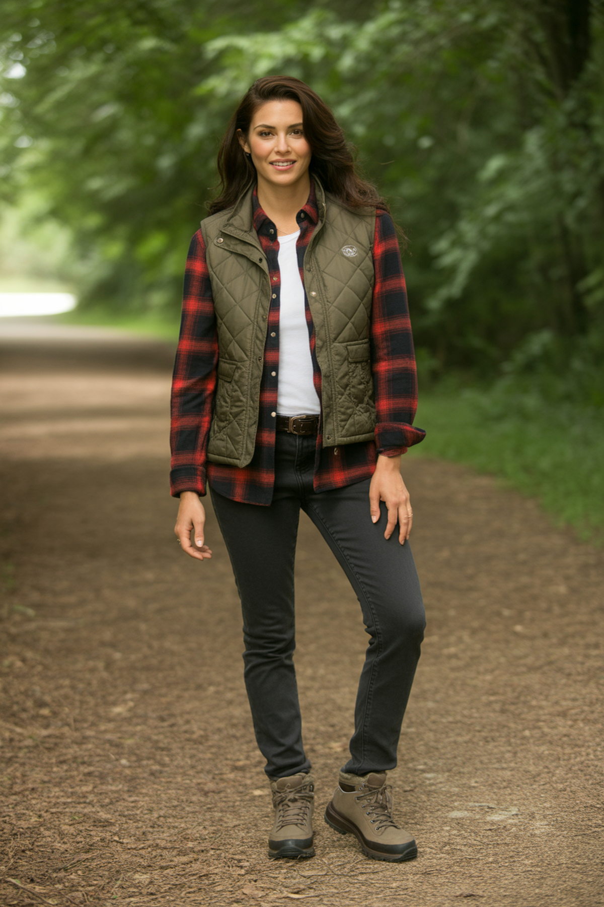Woman wearing an olive quilted vest over a red plaid flannel shirt with hiking boots
