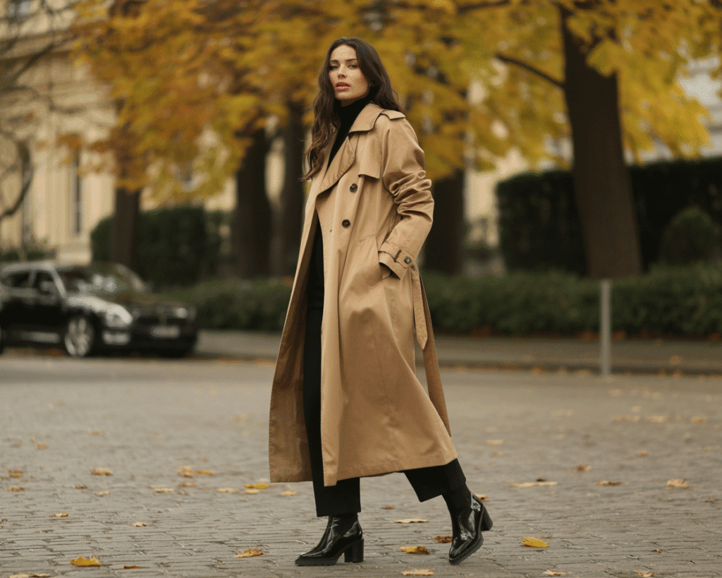 A camel trench coat worn over black layers with glossy black patent boots on a leaf-strewn autumn street.