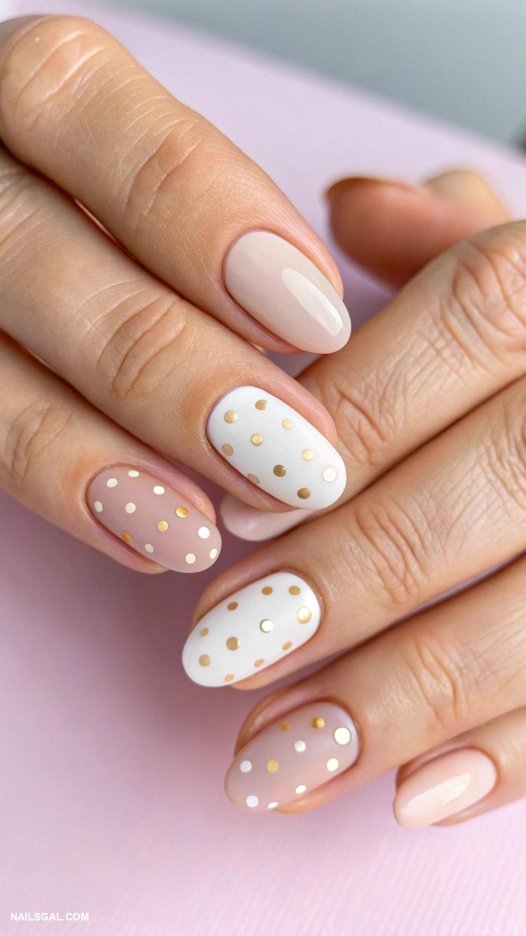 Oval nails in milky white and nude with gold and white polka dots