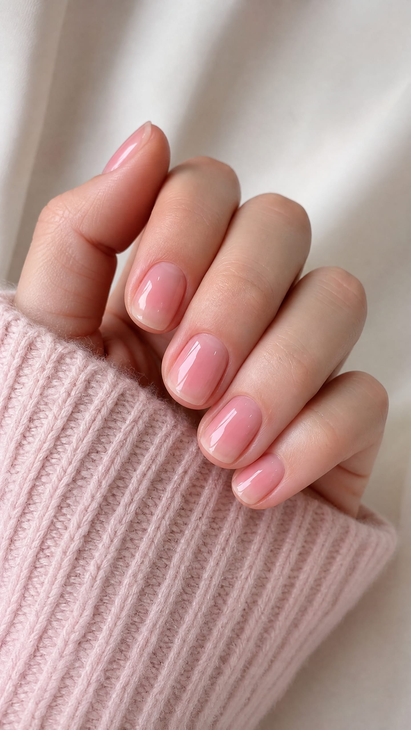 Short nails with soft sheer pink polish, glossy your-nails-but-better manicure