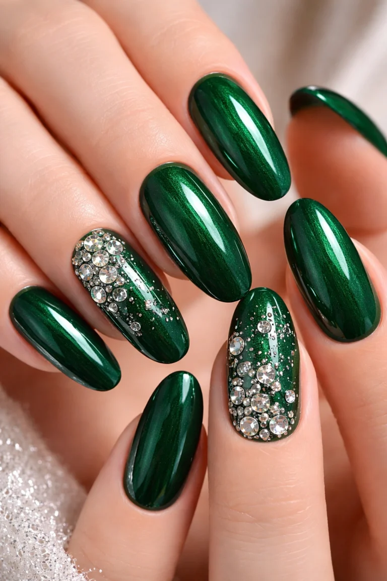 Almond nails in emerald shimmer with rhinestone cluster accents