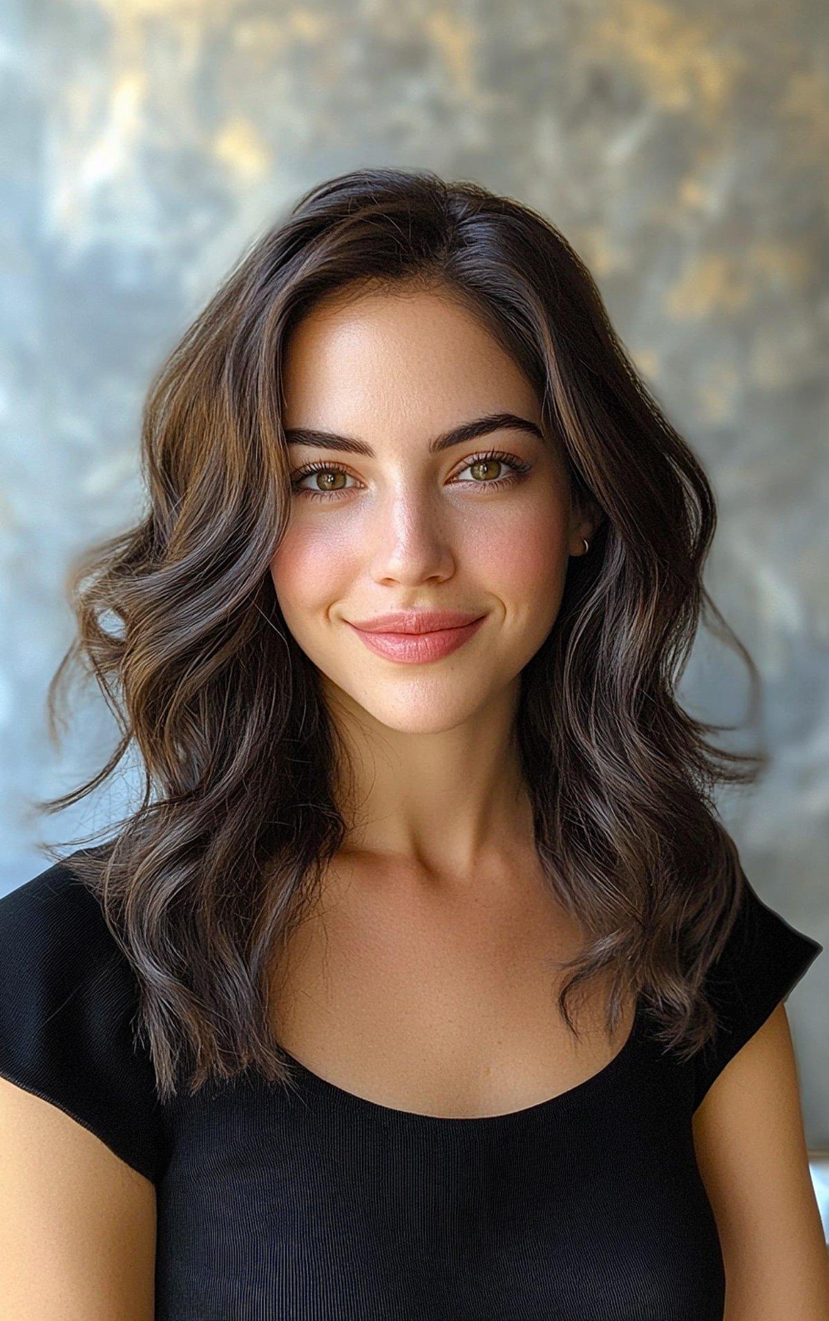 Medium-length wavy hair in rich espresso brown color