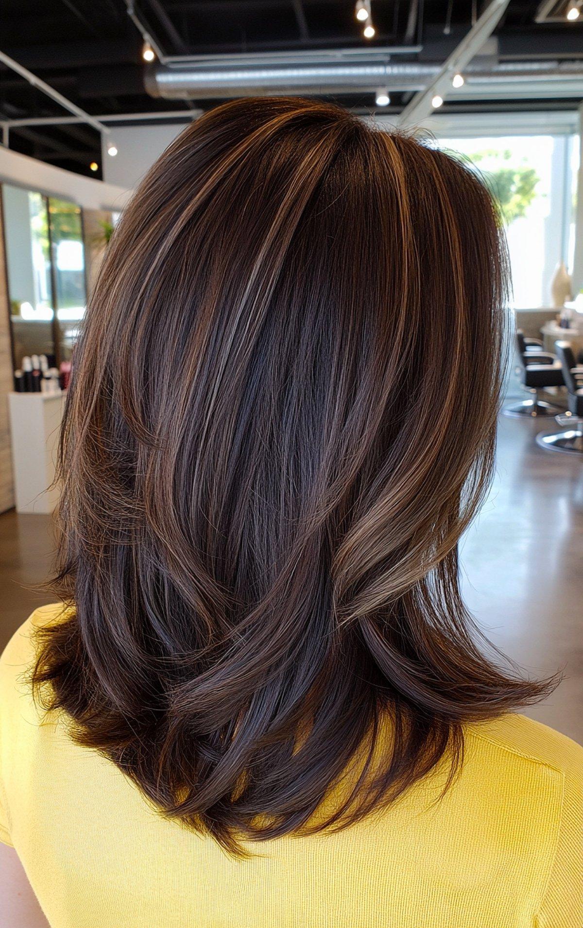 Long layered espresso hair with blonde face-framing highlights