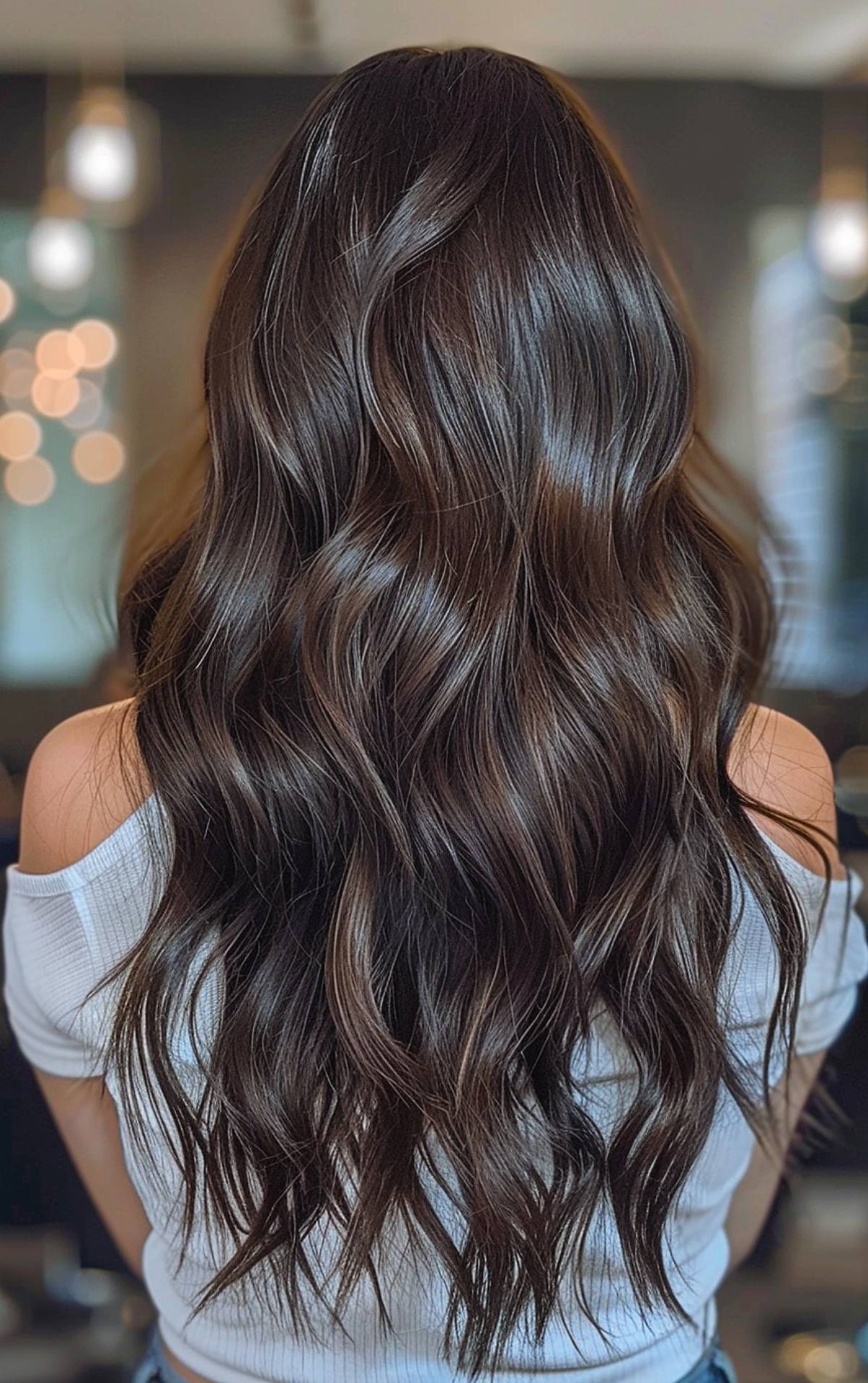 Long wavy espresso brown hair with cool ash undertones