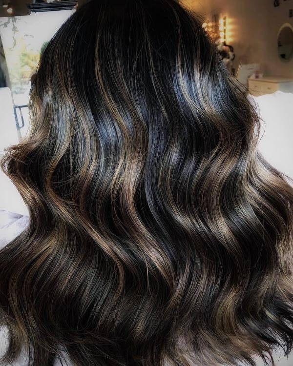 Espresso brown hair with mocha balayage highlights