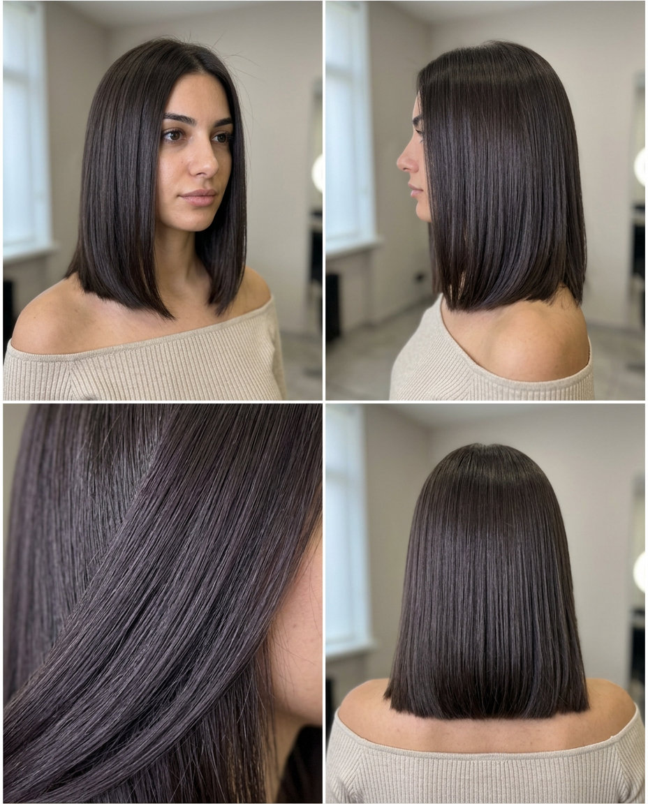 Woman with a blunt espresso brown lob haircut with center part, shown from front, side and back