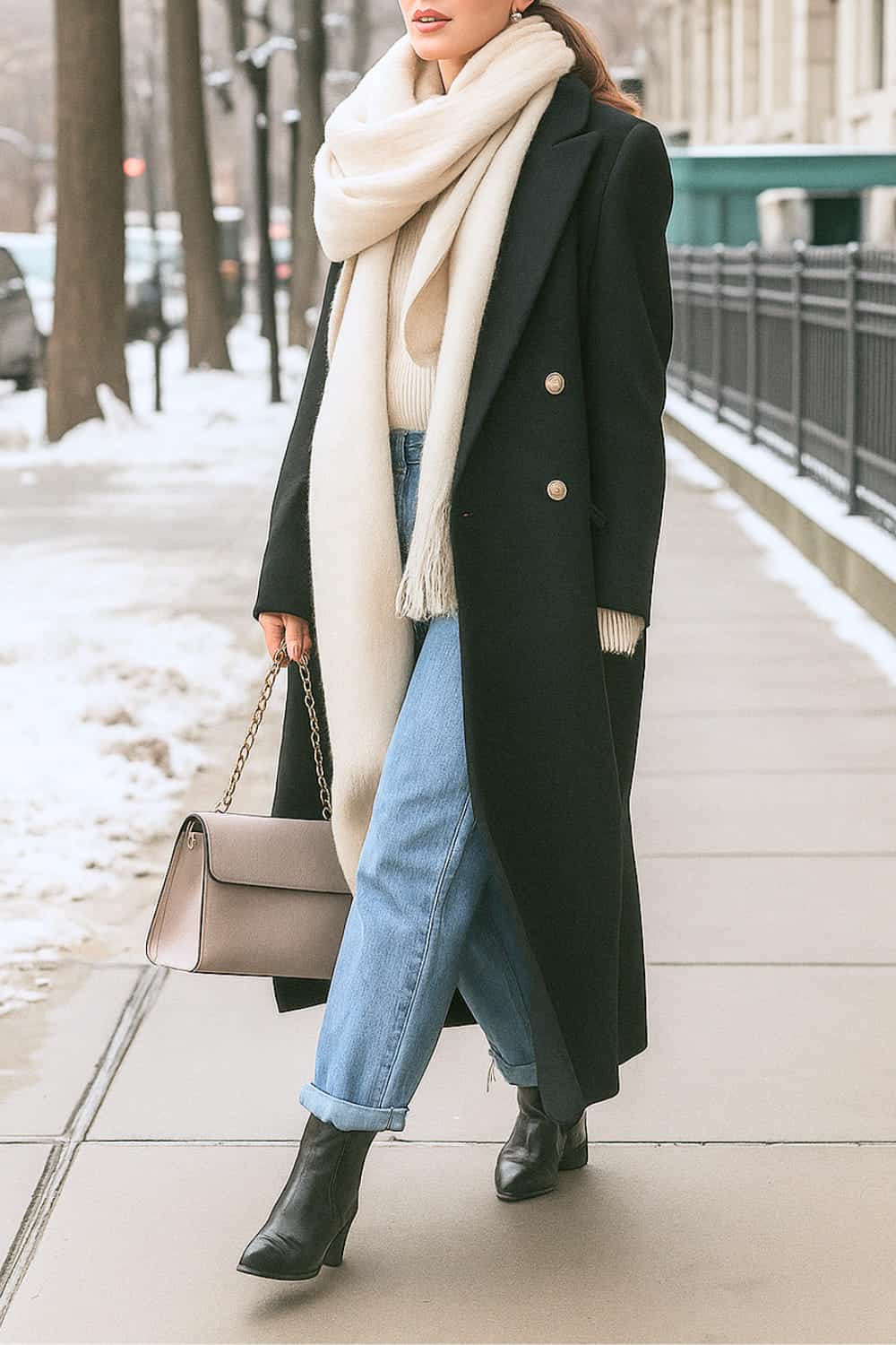 Woman in a double-breasted black coat with a cream scarf, cream sweater and light-wash jeans