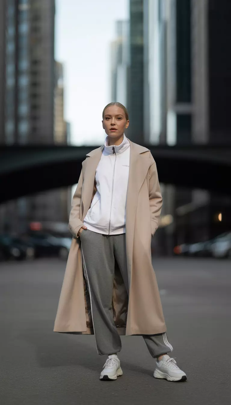Beige long coat over a grey sweatsuit with white sneakers