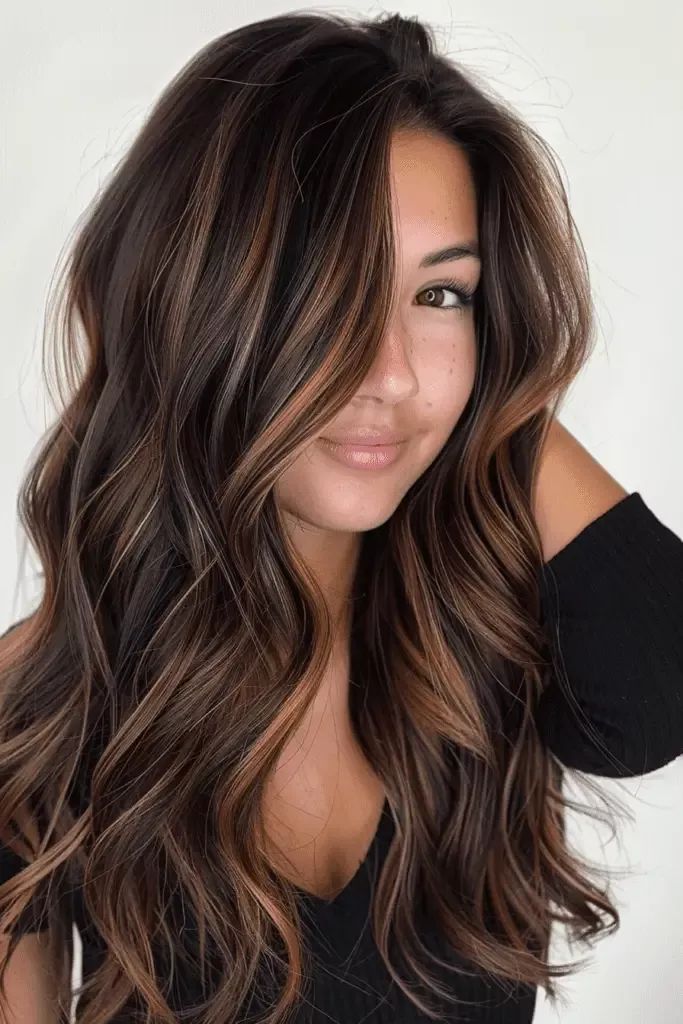 Walnut brown hair with honey face-framing highlights