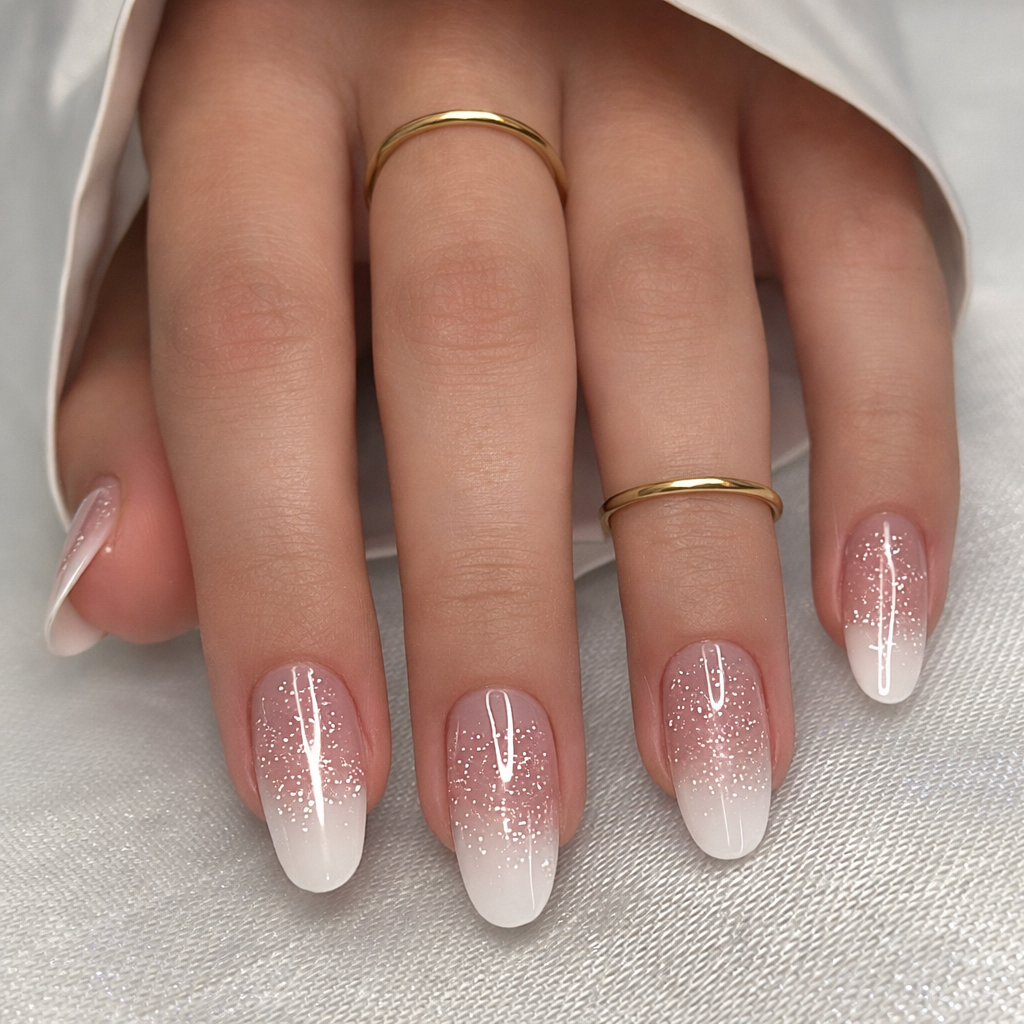 White glitter ombre fade manicure sparkling at the tips