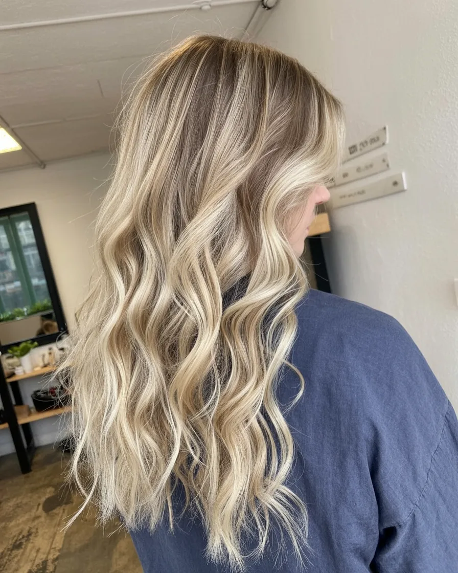 Long layered hair with honey blonde balayage and a shadowed root