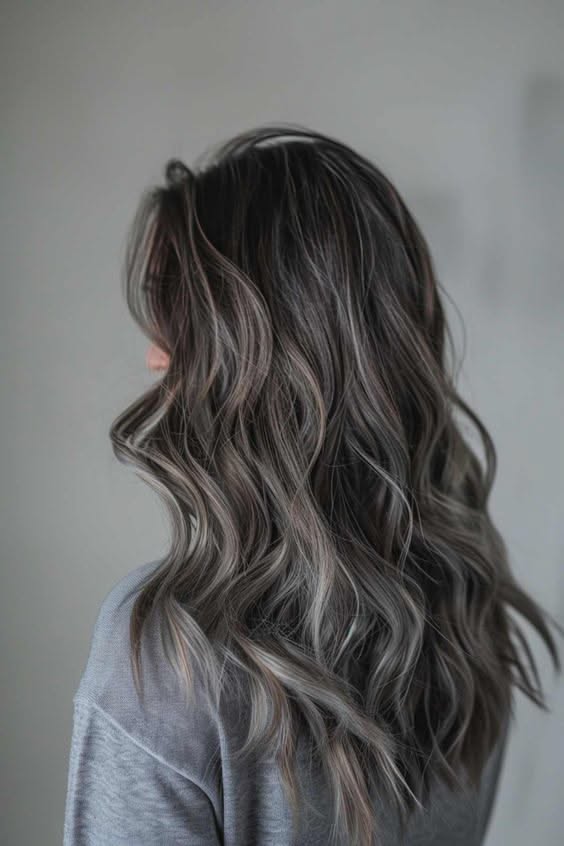Mushroom brown hair color with gray blending