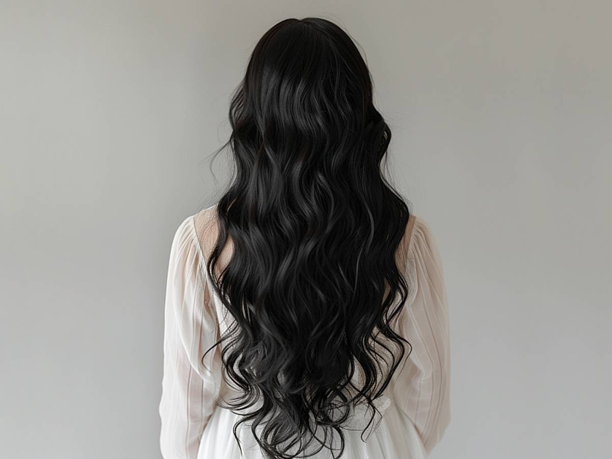 Jet black hair worn sleek and straight with mirror shine