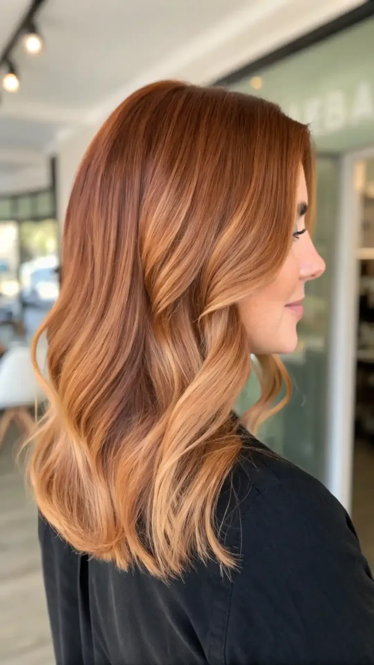 Long wavy auburn hair with honey-toned balayage highlights