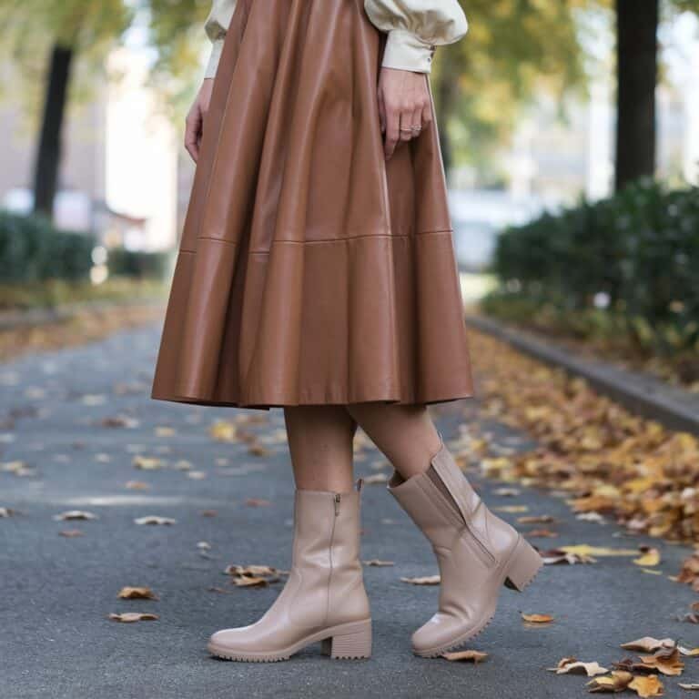 Camel faux-leather flared midi skirt with light beige block-heel ankle boots on an autumn street
