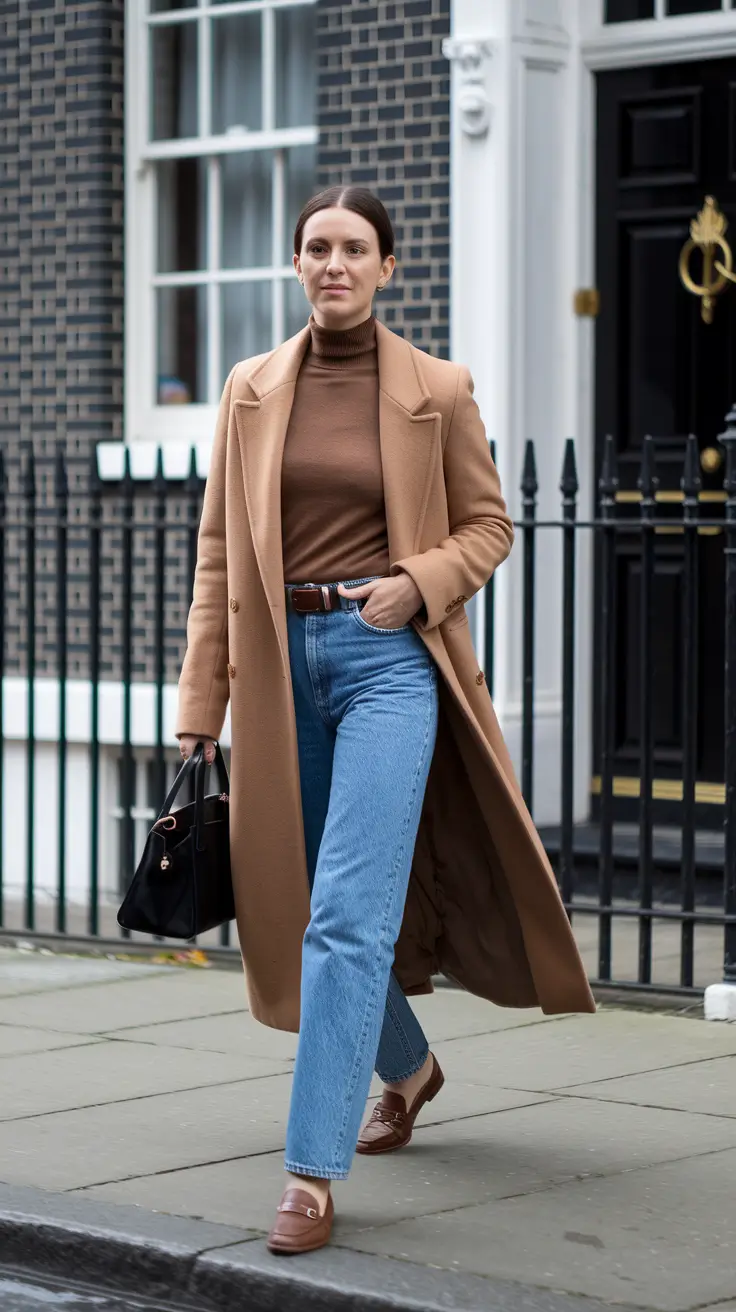 Chocolate-brown turtleneck tucked into straight blue jeans under a camel overcoat
