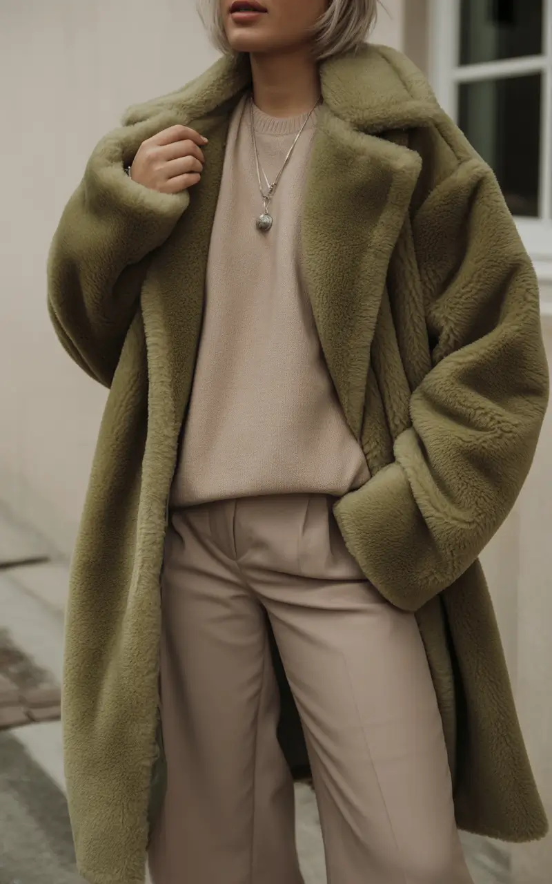 Olive green faux fur teddy coat over a beige sweater and tan trousers