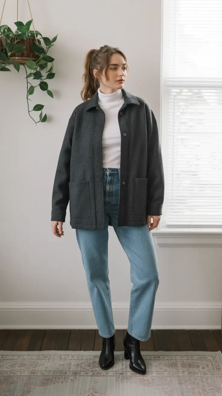 Shacket layered over a thermal top with straight-leg jeans for a weekend winter outfit