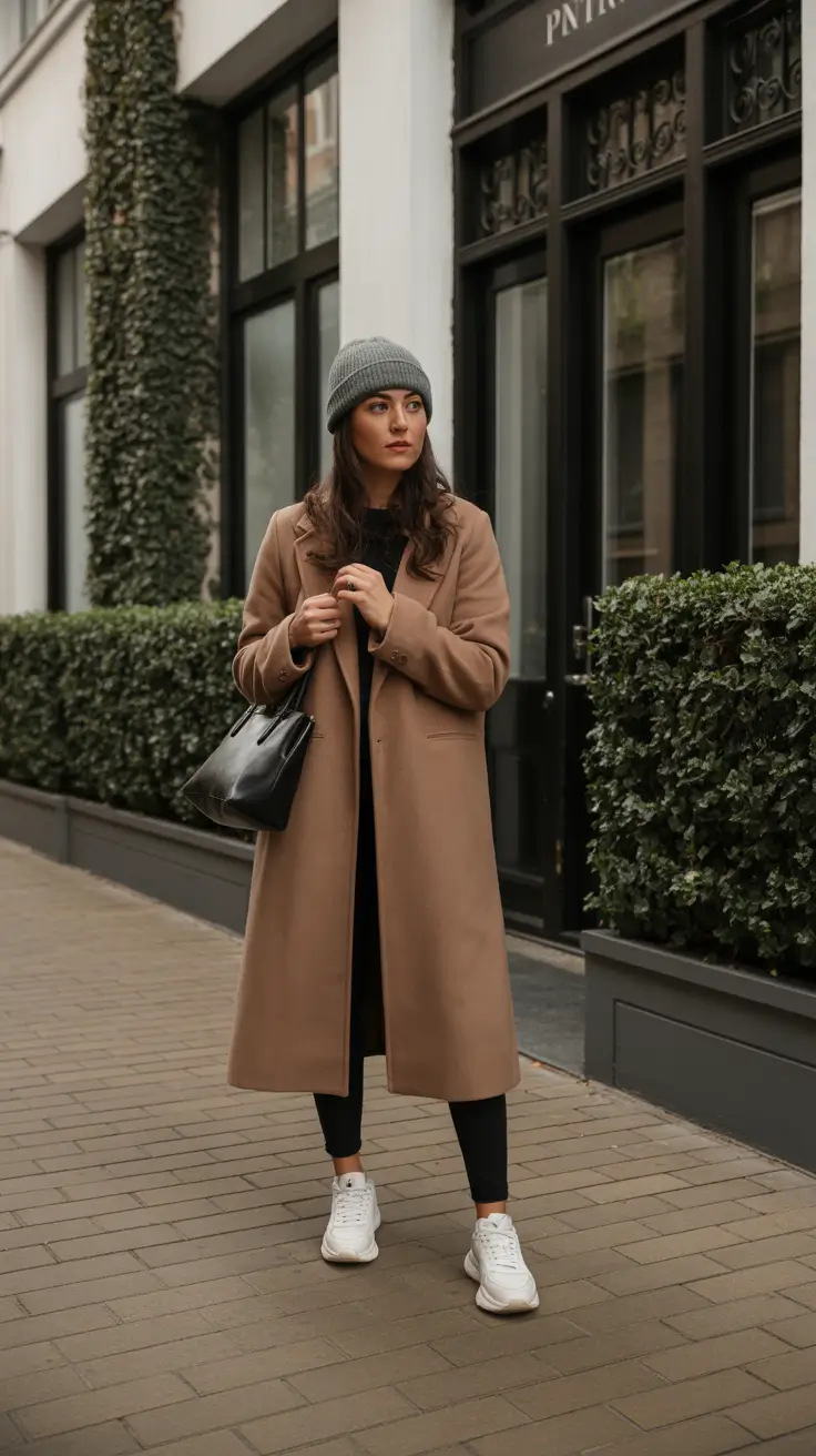Woman in a grey ribbed beanie, camel coat, and white sneakers on a city street