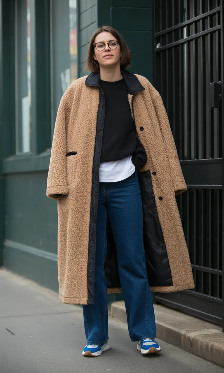 Woman in tan teddy faux fur coat with jeans and sneakers