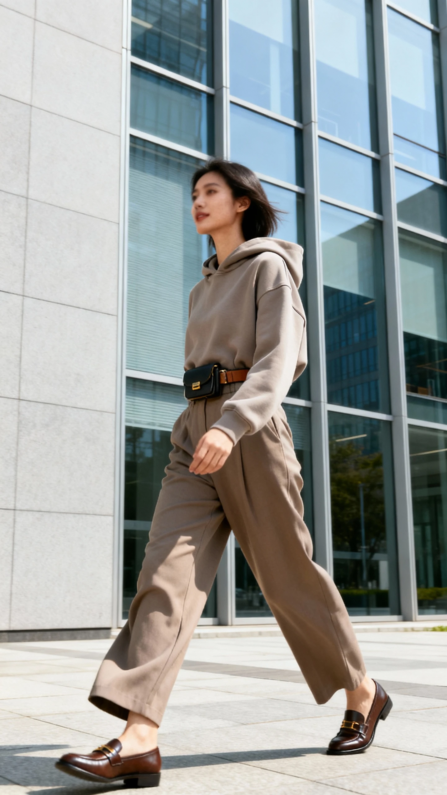Woman in taupe hoodie and matching wide-leg trousers with burgundy loafers