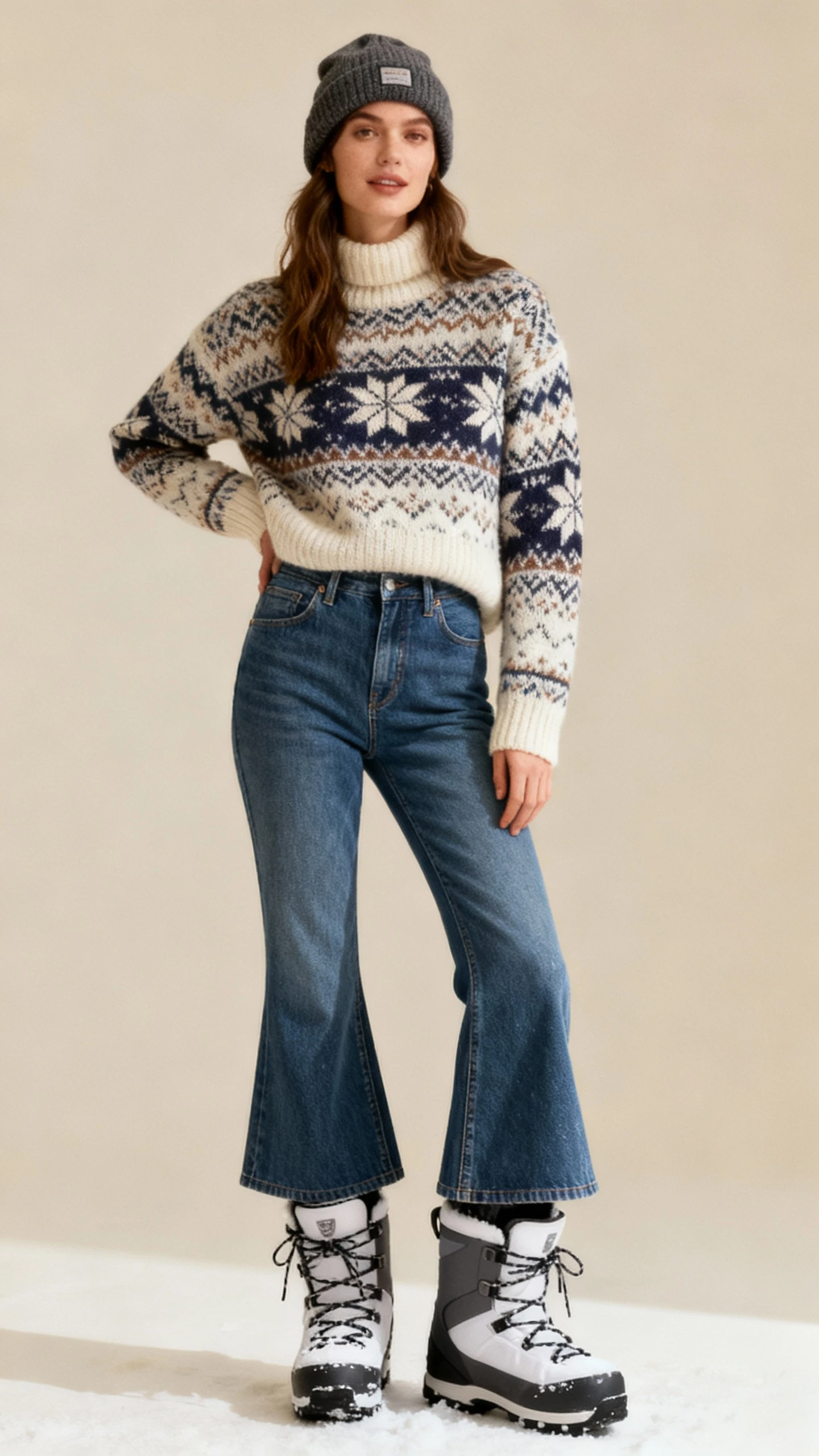 Woman wearing classic Ugg boots with a fair-isle sweater, jeans and a knit beanie