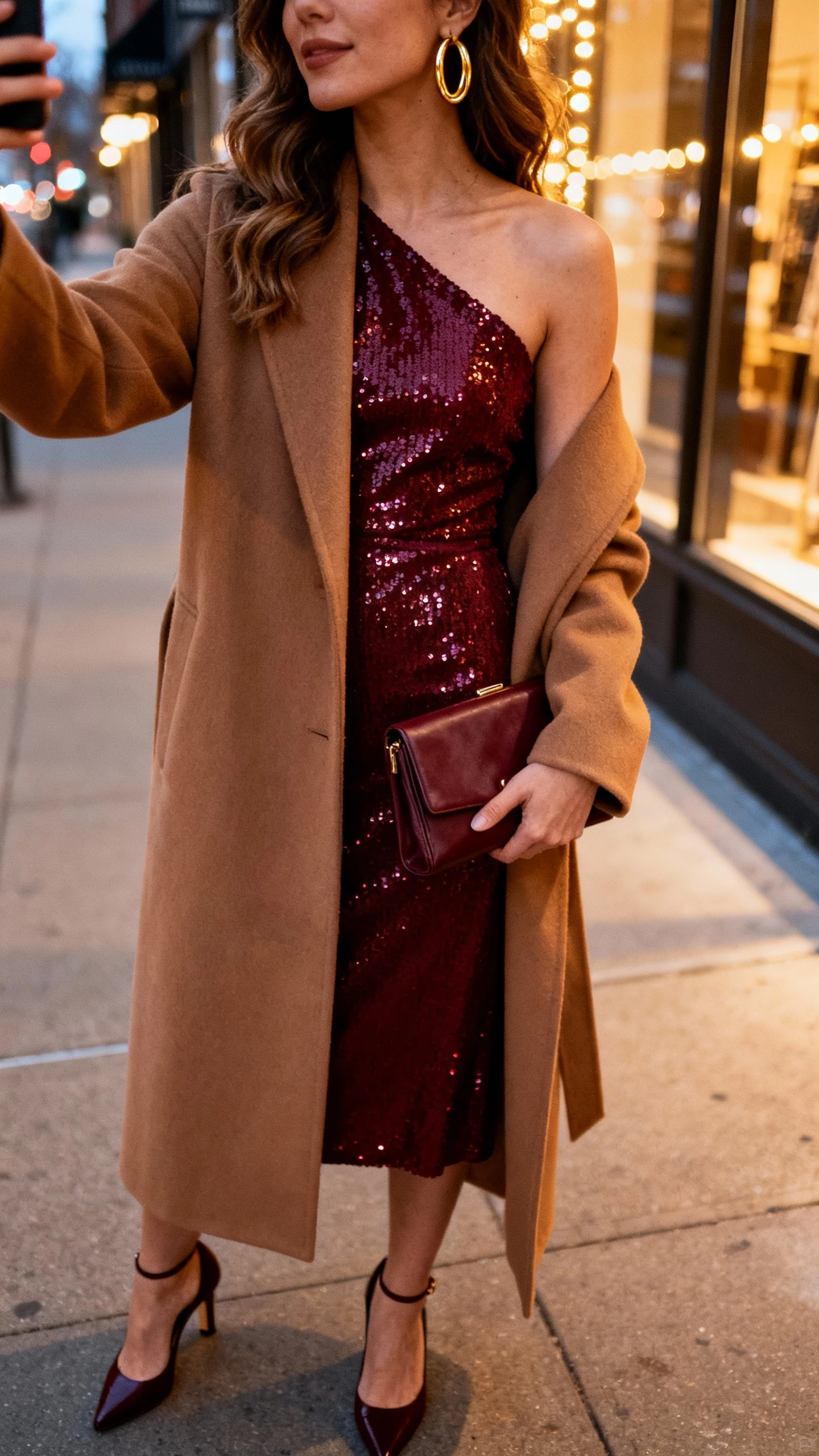 Woman in a burgundy sequin one-shoulder midi dress with a camel coat, burgundy heels and clutch