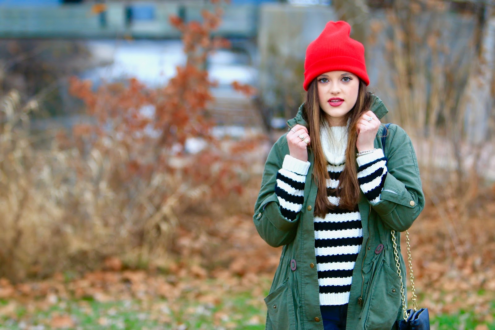 Woman in a utility anorak with layered winter knits and a beanie