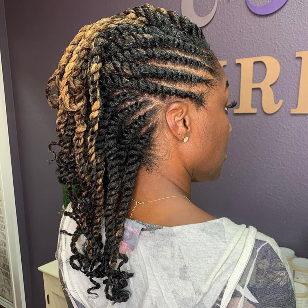 Kinky twists styled into a two-tone faux hawk