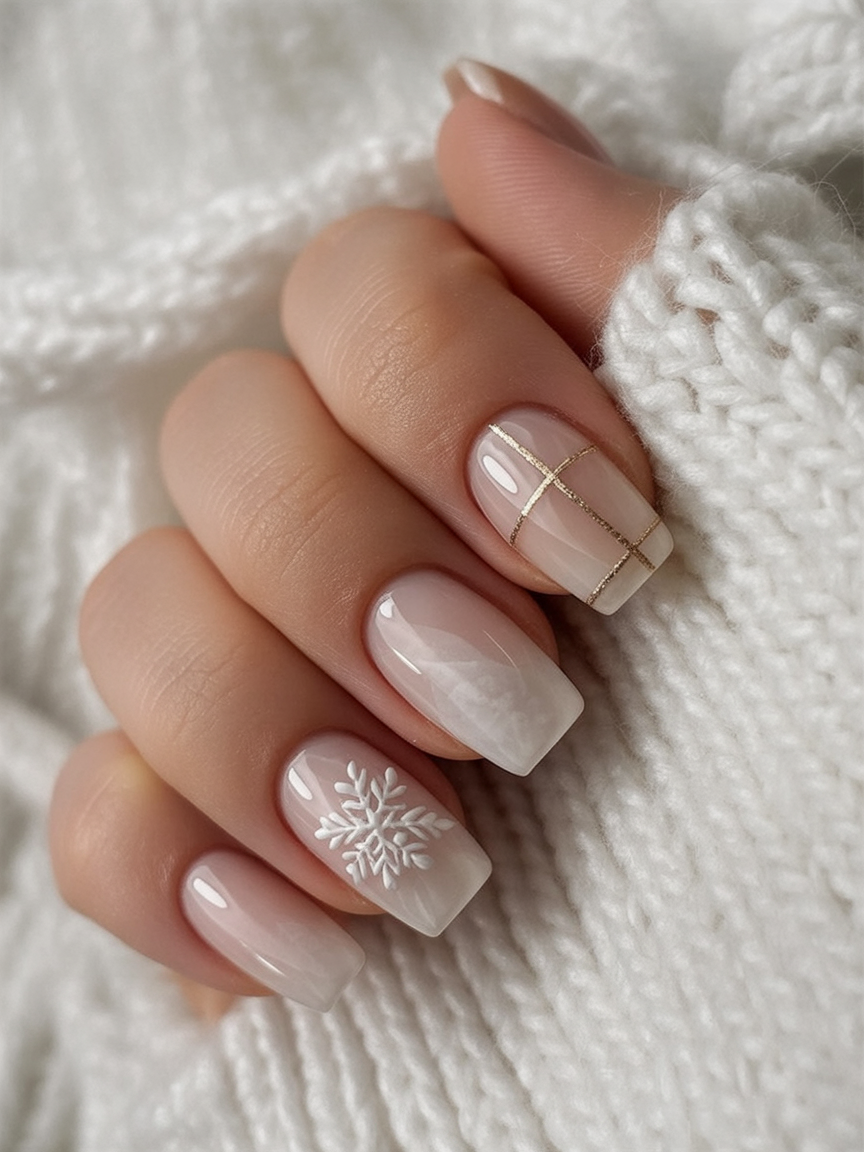 Neutral beige glossy winter nails