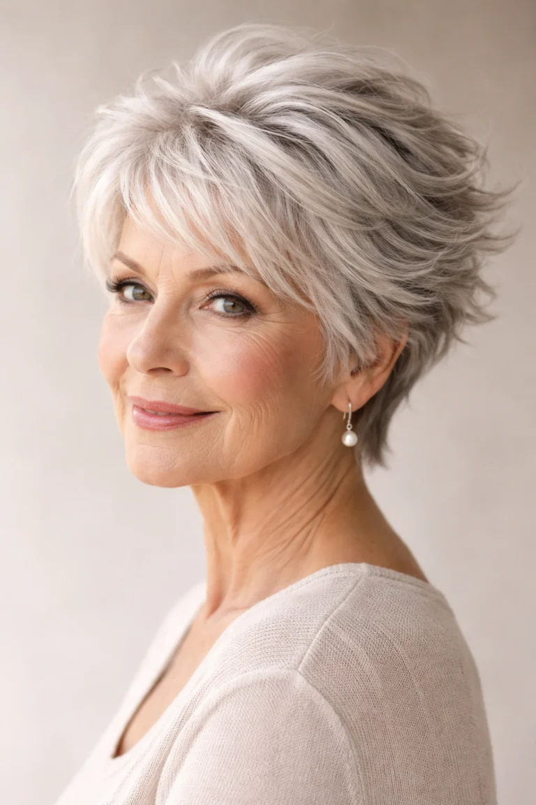 Feathered pixie haircut with longer layers on top