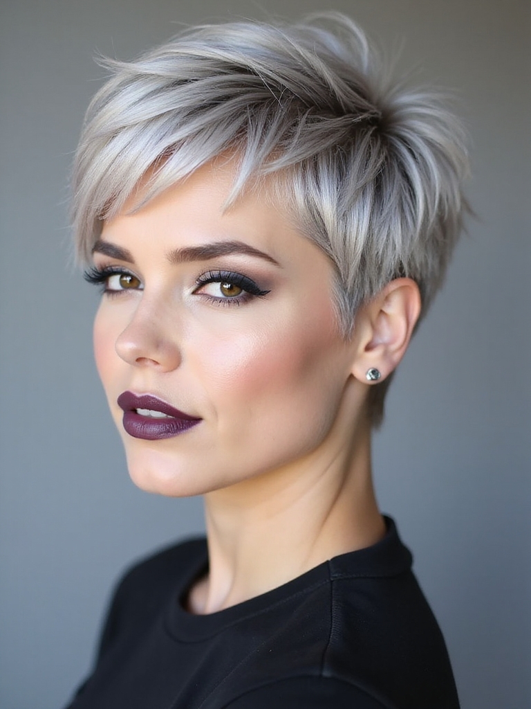 Feathered gray long pixie haircut with side swept top