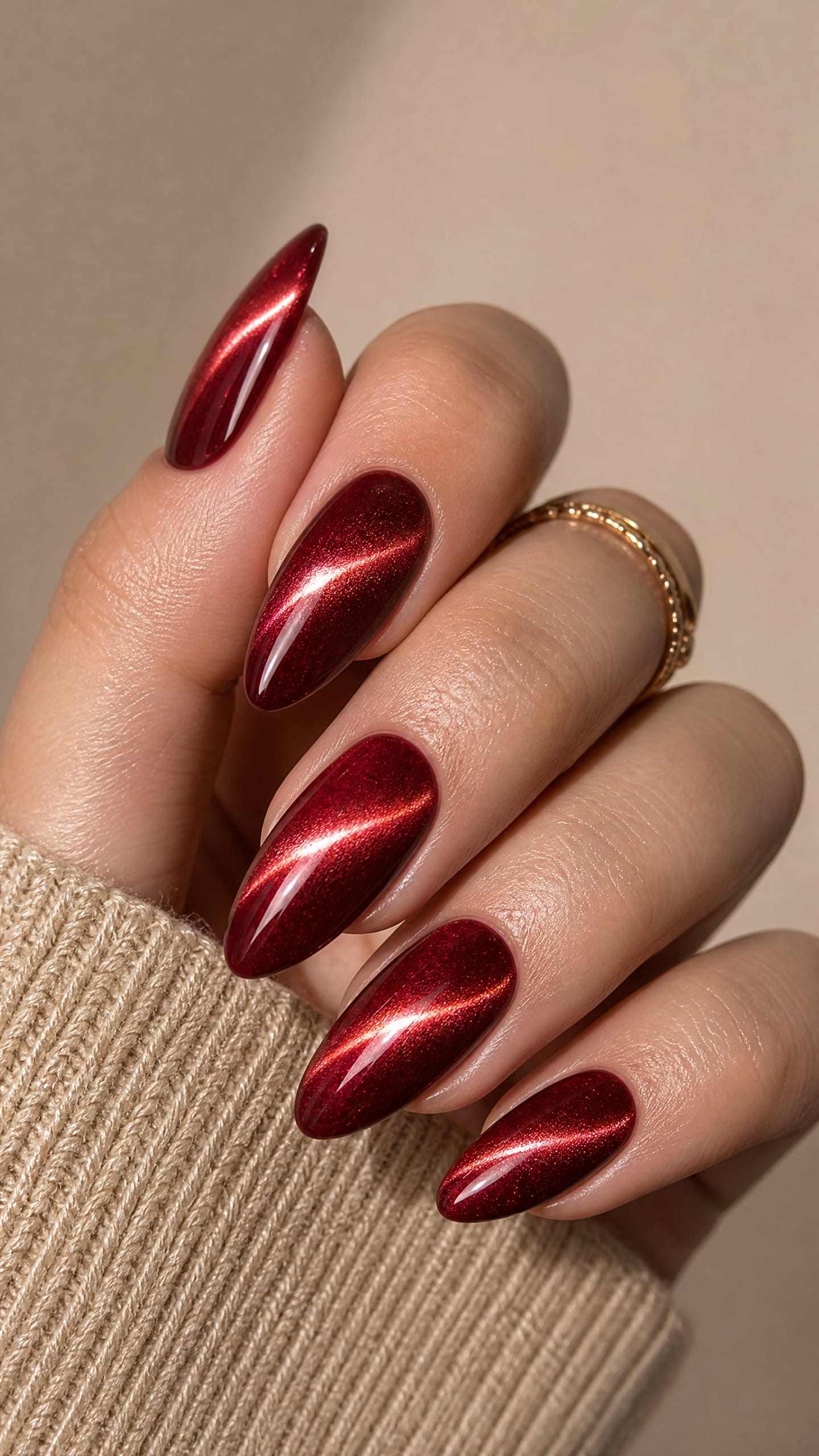Almond nails with red magnetic cat-eye polish showing a shifting band of light