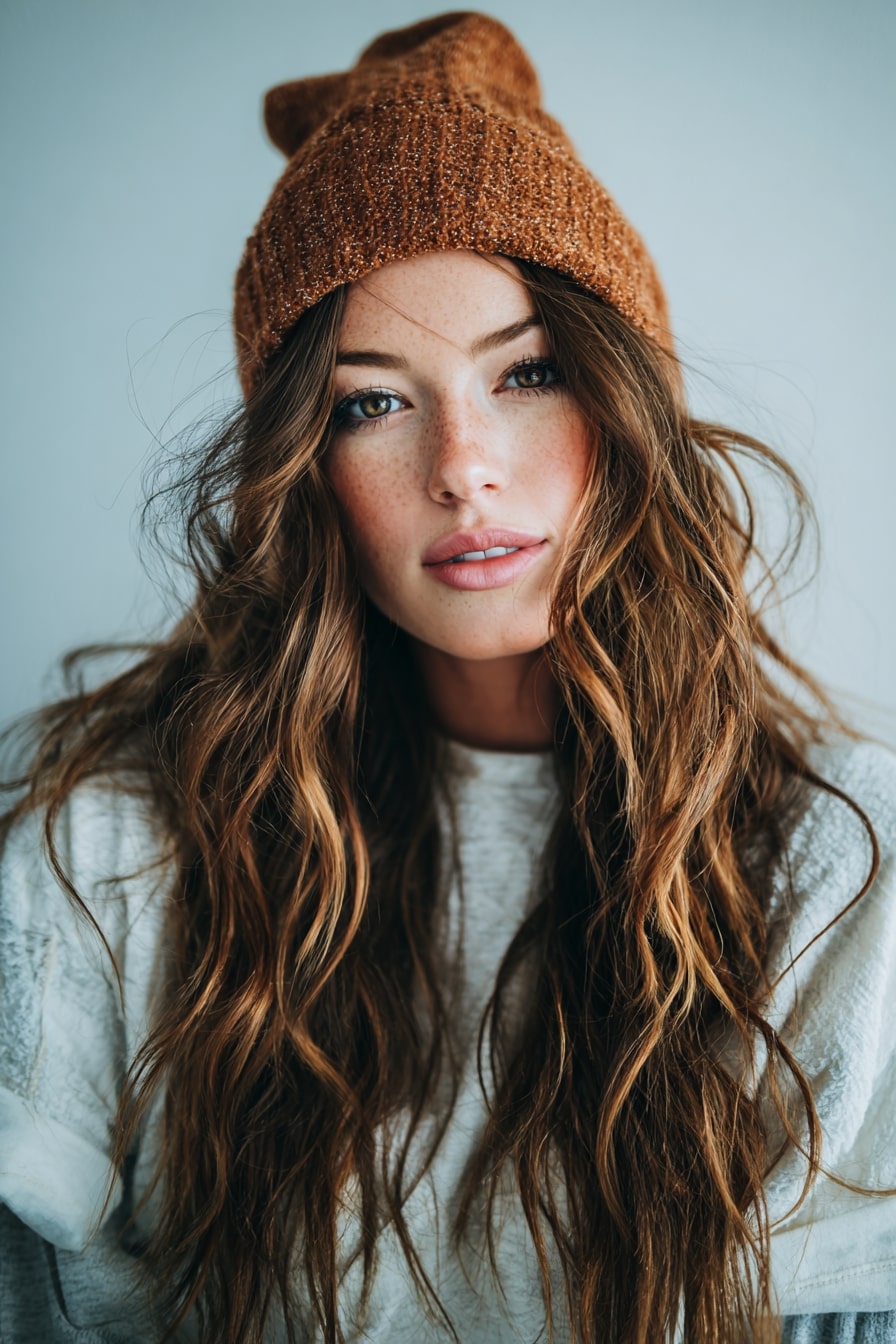 Loose long wavy hair worn under a chunky knit beanie in winter