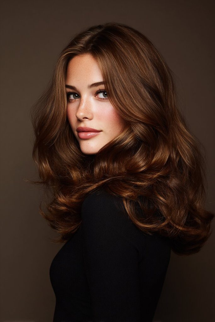 Mid-length chestnut brown hair styled in a bouncy blowout