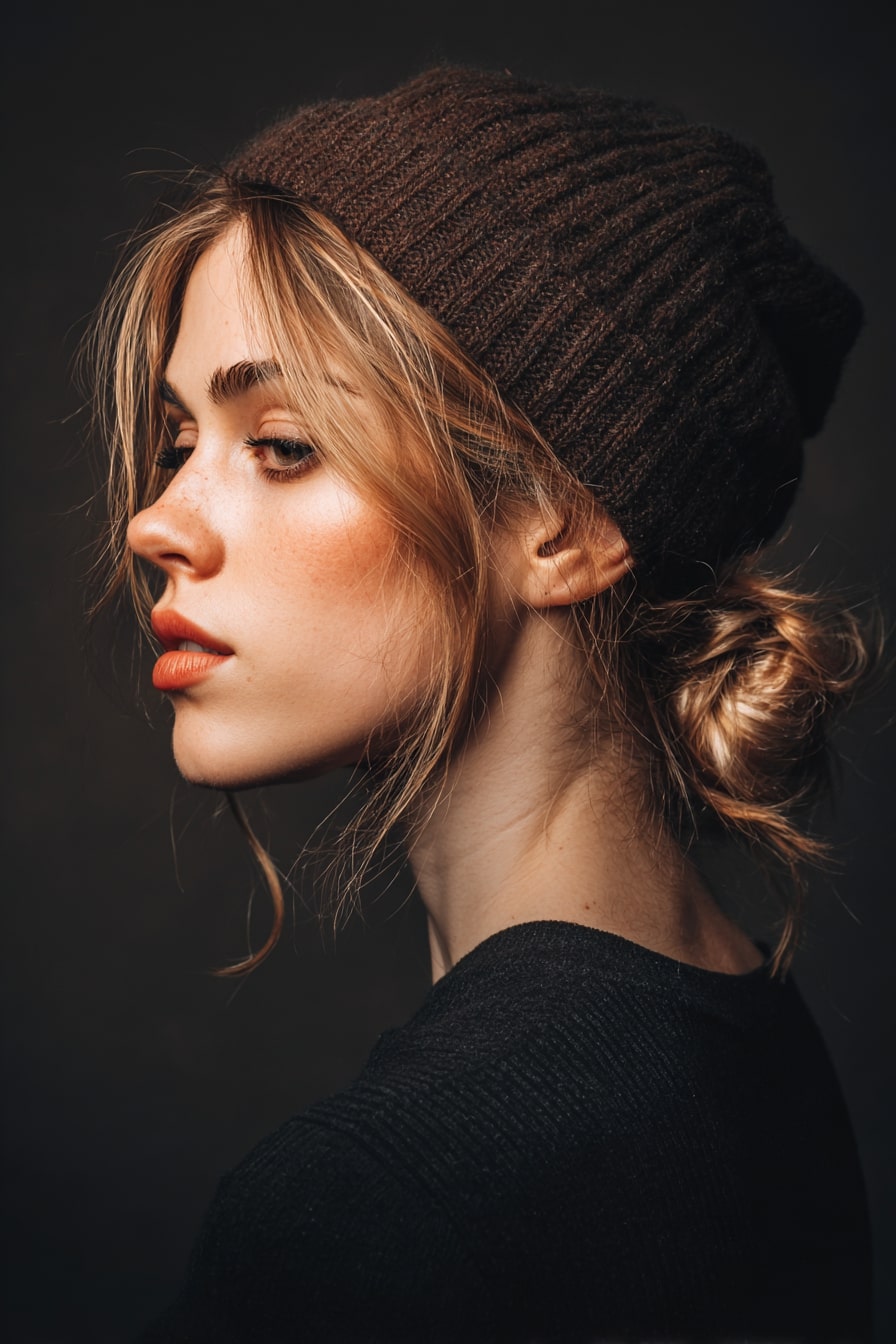 Blonde woman in a brown beanie with a low messy bun and face-framing wisps